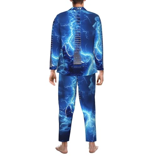 Electric Guitar With Lightning Mens Pajamas Set Button Down Sleepwear Set Long Sleeve Loungewear With Pockets2