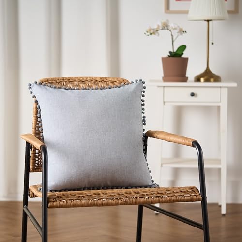 Image of 100% Cotton Pom Pom Cushion Without Filler, Elegant & Modern Cushion Cover for Living Room, Square Shape, 16 inchx16 inch, uni Chambray, Set of 4 - Denim Grey