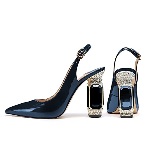 Image of JANSEVEN Women Chunky Heels Pumps Crystal Block Heels with Rhinestones Pointed Toe Sexy Gradient Patent Leather Slip on Bridal Party Wedding Dress Shoes 5-13 M US