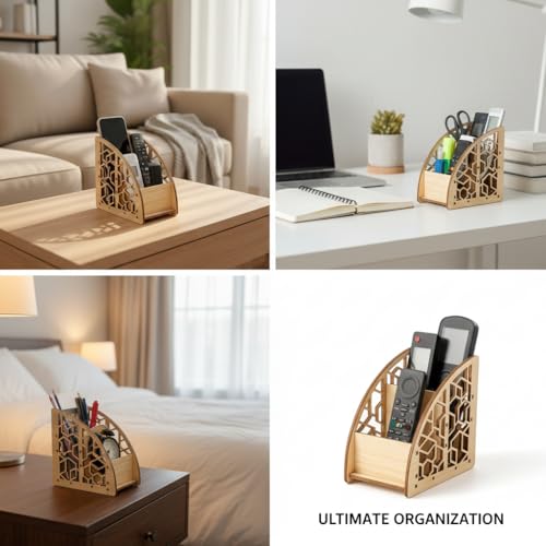 Image of Wooden Remote Holder for Table - 3 Slot Remote Organizer Caddy TV Remote Control Storage Stand for Living Room, Coffee Table & Office Desk Size 7 x 5 x 2.5 Inches
