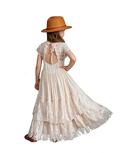 BIBIHOU Girls' Dresses, Floral Lace Backless Party Layered Formal Long Flower Girl Dress, 14 Years