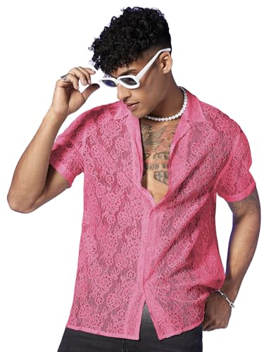 WDIRARA Men's Floral Lace See Through Button Front Short Sleeve Shirt Summer Tee Top Hot Pink XX-Large