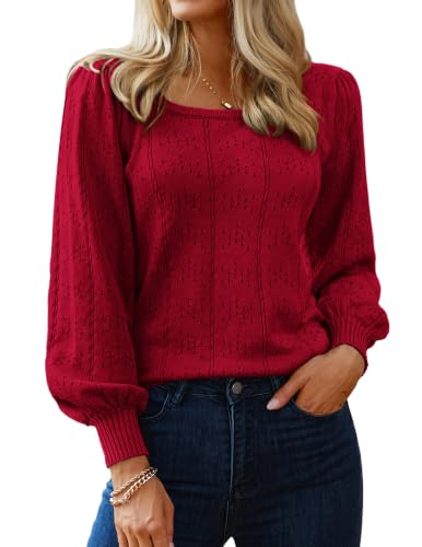 Image of HOTOUCH Sweaters for Women 2026 Fall Trendy Tops Casual Puff Sleeve Square Neck Cute Tunic Pullover Blouses XS-XXL