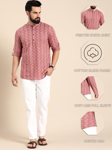 Image of Zombom Men's Cotton Polyester Blend Solid Regular Fit Full Sleeve Printed Short Kurta | Ethnic, Lightweight Summer Kurta for Daily & Occasion Use | Men's Trendy Short Kurta