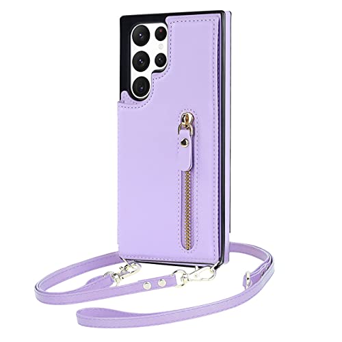 Coque cordon Samsung S21 Plus étui portefeuille cuir violet bandoulière