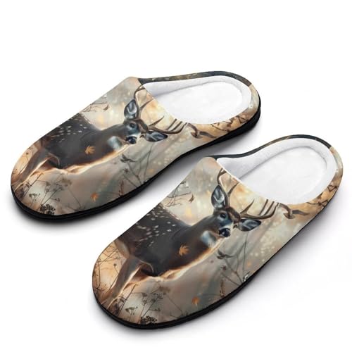 Deer Hunting Deer in The Forests Mens Slippers Casual Slip On Warm House Shoes with Rubber Sole Indoor Outdoor 9-10?42-43?