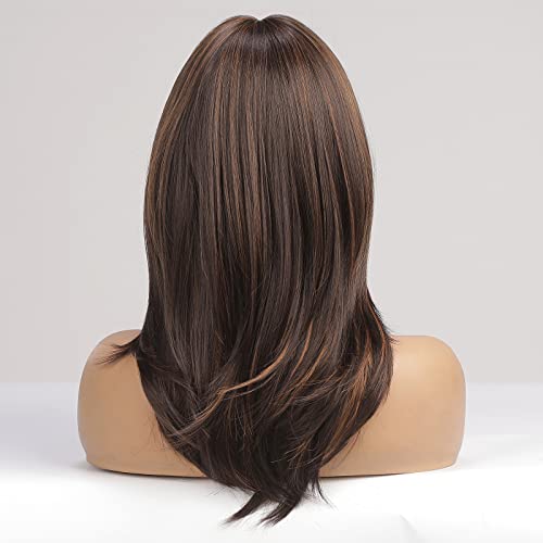EMMOR Brown with Blonde Highlight Wigs for Women Shoulder-Length Wig with Bangs Synthetic Hair Layered Wigs Heat Resistant Fibre Natural and Realistic - Image 4