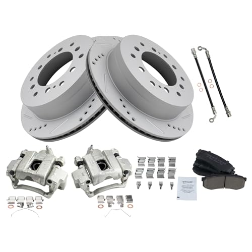 Image of TRQ Performance Rear Brake Pad and Rotor Set Ceramic Slotted Drilled Rotors Calipers Compatible with 2003-2009 Lexus GX470