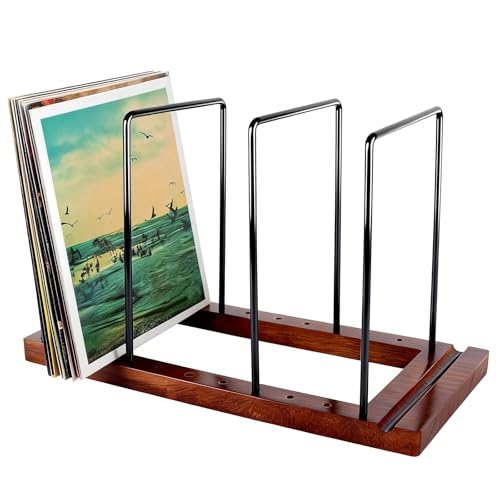 Vinyl Record Storage Holder with 4 Metal Dividers, Solid Wood Record Stand for 75 LPs, Built-in Now Playing Display, Sleek Vinyl Rack & Album Organizer for Desktop, Walnut Finish - Les Beatles, Paul McCartney, John Lennon, RIngo Starr, George Harrison Vinyl Record Storage Holder with 4 Metal Dividers, Solid Wood Record Stand for 75 LPs, Built-in Now Playing Display, Sleek Vinyl Rack & Album Organizer for Desktop, Walnut Finish