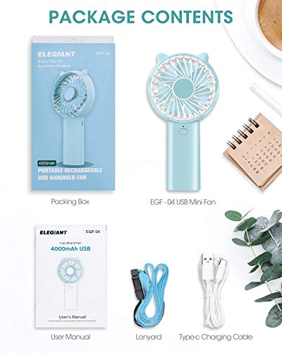 Mini Handheld Fan, ELEGIANT Small Personal Portable Fan with USB Rechargeable 4000mAh Battery Operated Fan 4 Speed Adjustable Work as Portable Power Bank for Woman Home Office Outdoor Travel