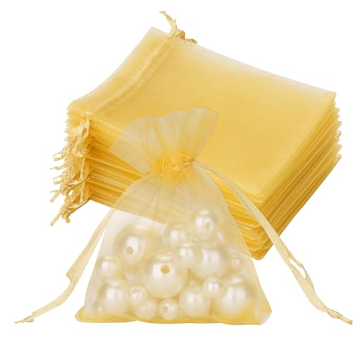 Image of Joycraft 50Pcs Organza Bags, 2.7 inchx3.5 inch Gift Favor Pouches, Gold Breathable Tulle With Drawstring, Sheer Mesh for Wedding, Jewelry, Makeup, Candy