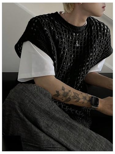 Floerns Men's Hollow Out Dolman Sleeve Sweater Vest Crochet Knit Pullover Top2