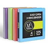 Oxford 1.5 Inch Binders, 4 Pack, 3 Ring Binder, ONE-Touch Easy Open D-Rings, Holds 375 Sheets, Non-Stick, PVC-Free, Three Ring Binders for Organization and Presentations, Assorted Colors