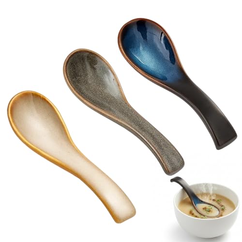 3PCS Ramen Spoon Soup Spoons Ramen Spons - Traditional Japanese Style Ceramic Asian Tableware for Serving Ramen Miso Soup Pho and Various Asian Dishes