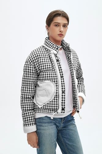 Womens Cropped Puffer Jacket Winter Gingham Plaid Button Down Long Sleeve Padded Coat with Heart Pockets2