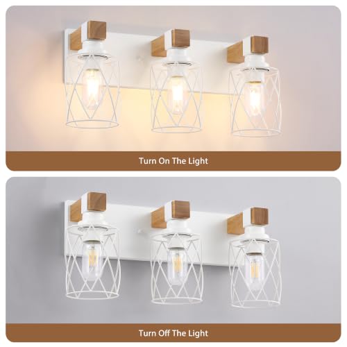 Image of Farmhouse 3-Light Wood Bathroom Vanity Light, White Metal Cage Shade | Mounted Over Mirror, Industrial Rustic Style, Ideal for Bathroom, Bedroom, Hallway & Living Room, Easy To Install