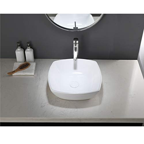 VALISY Modern 16 x 16 Inch Porcelain Ceramic Countertop Small Square Bowl White Bathroom Vessel Sink, Bath Cabinet Vanity Lavatory RV Hand Wash Above Counter Top Basin Sinks - Thumbnail 5