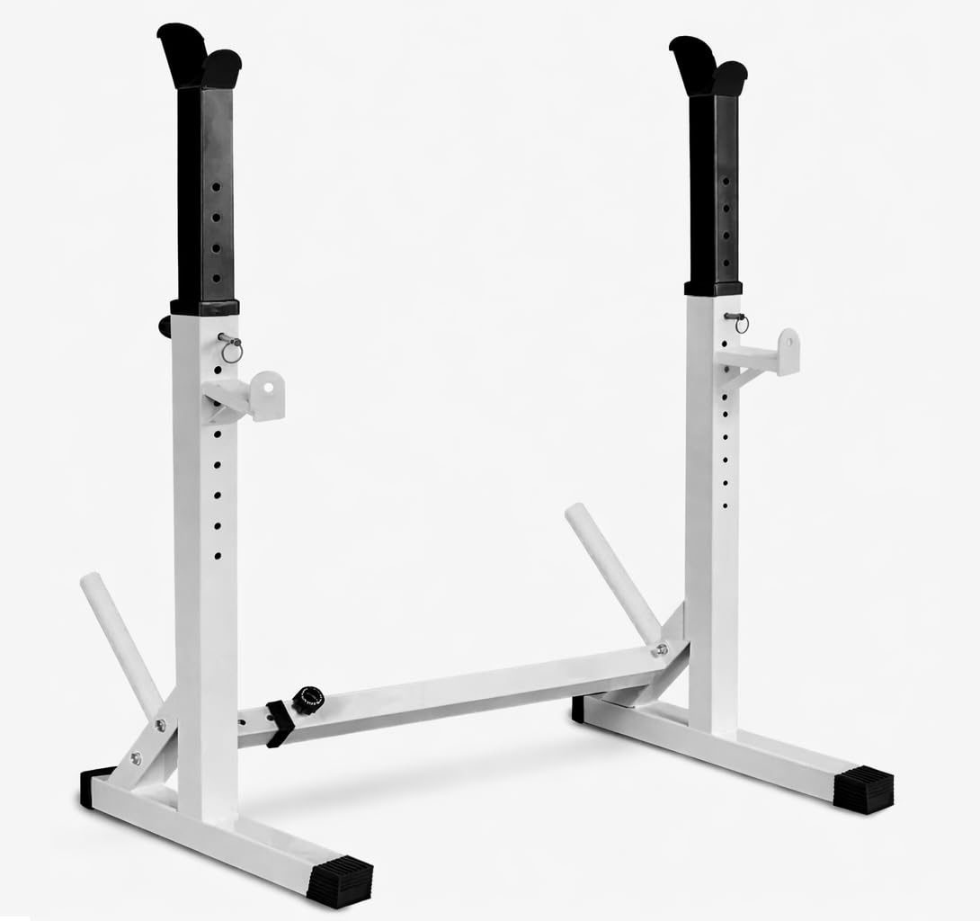 FK Sports Adjustable Squat Rack 150KG Max Load – Heavy Duty Barbell Rack with Built-in Weight Plate Storage, Height Adjustable Bench Press for Strength Training Home Gym