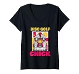donna giocatore di golf divertente frisbee golf del pulcino del disco maglietta con collo a v
