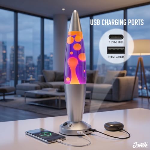 Image of JAMBO Upgraded Motion Lamp - 16 inch Purple Liquid, Yellow Wax - USB Ports, Timer - Night Light for Adults, Teens, Kids - Bedroom, Living Room, Office Decor Lamp