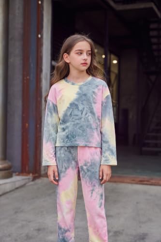 Image of Arshiner Girls 2 Piece Outfits Kids Tie Dye Sweatsuits Set Long Sleeve Shirt and Pants Set Size 5-14 Y
