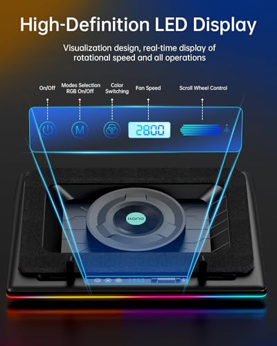 Image of CALMORA llanno V12 RGB Laptop Cooling Pad, Gaming Laptop Cooler with 5.5 Inch Powerful Turbofan, Fast Cooling Laptop 15.6-21in, Adjustable Speed, Touch Control, LCD Screen, Black