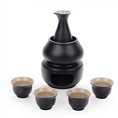 7 Pieces Sake Set, 12oz Ceramic Black Glaze Wine Glasses Set with Warmer Pot and Candle Stove, for Cold/Warm/Hot Sake/Shochu/Tea, Best Gift for Family and Friends