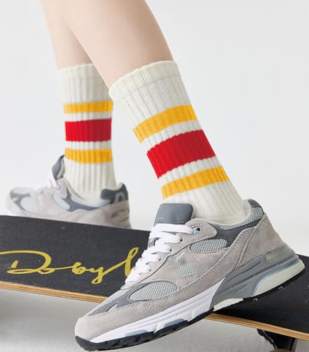 Image of 3 Pairs Women Striped Tube Socks Fun Novelty Cute Crew Socks Retro Sport Mid-Calf Socks for Women Grils