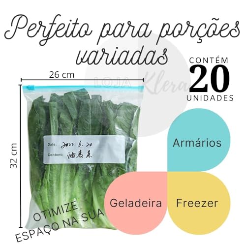 Saco hermético - 20 Unidades Tamanho G - Saco Para Congelar Armazenar e Organizar Alimentos - Com Zi