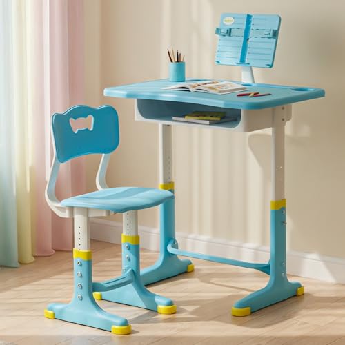 Image of BAYBEE Study Table with Chair for Kids 2+ Years Boys & Girls | 3 Level Height Adjustable Baby Desk Table Set | Ergonomic Kids Table Desk Chair with Book Storage, Tablet, Pen & Bottle Holder (Blue)