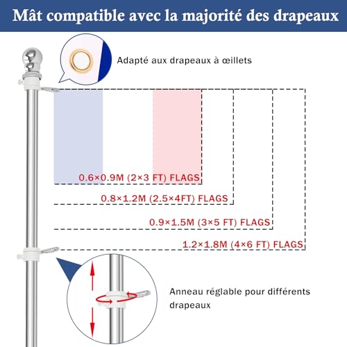 Mât pour drapeau en acier inoxydable de 1,5M avec support mural argenté durable