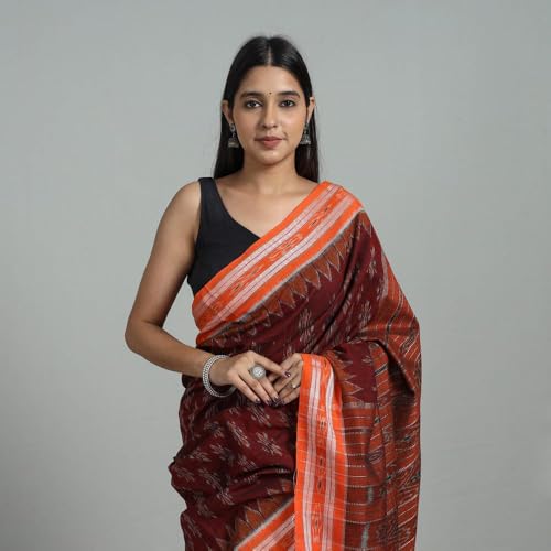 Image of ODISHAHANDLOOM Sambalpuri Pure Cotton Handloom Saree, Traditional Ikat Pattern, Red and Green, Without Blouse