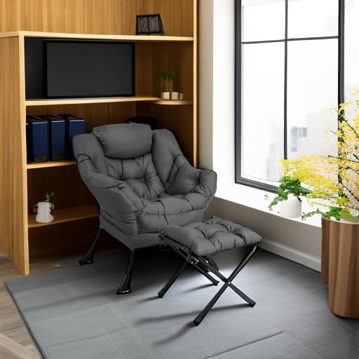 Miniatura 6 de Giantex Silla perezosa con otomana, sofá decorativo con reposapiés plegable, bolsillo de almacenamiento lateral, sillón tapizado de ocio con