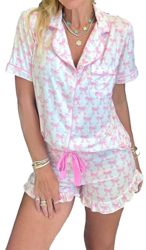 Image of KevaMolly Women Novelty Knotted Candy Cane Christmas Pajama Set | Christmas Floral Bow Print PJ Set, Button Lapel Knotted Drawstring Shorts with Convenient Side Pockets