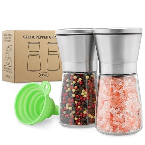 Mikinya Salt and Pepper Grinder Set - Adjustable Coarseness, Refillable Stainless Steel Pepper Mill Grinders for Kitchen - Elegant Glass Design - Compact Size - Perfect Kitchen Companion (2 Pack)