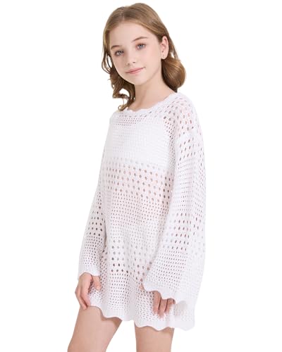 Image of WULFUL Girl's Crochet Long Sleeve Swimwear Cover Up Summer Beach Dress Swimsuit