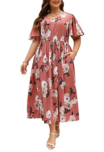 Image of Nemidor Womens Plus Size Maxi Dress Summer Boho Sundress Floral Print Flared Casual Long Dresses with Pocket