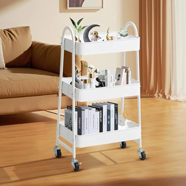 3 Tier Metal Rolling Cart with Handle and Lockable Wheel, Multifunctional Utility Cart on Wheel, Heavy Duty Storage Cart with Handle (White)-wF7rhtQq