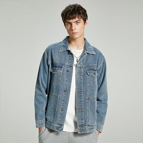 Image of Denim Jacket Men Vintage Autumn and Winter Tops Mens Denim Trucker Jacket