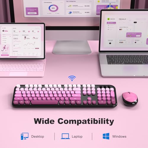 Image of Wireless Keyboard Mouse Combo - Lovely Blackpink-Gradient Rainbow Full-Sized Typewriter Colorful Keyboards, Round Keycap Plug Play Retro Cute Keyboards for Windows, Laptop, PC, Desktop, Computer