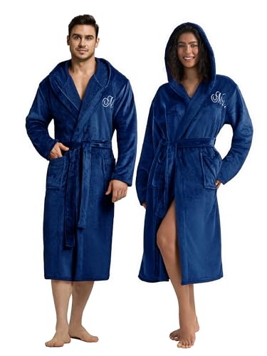 AW BRIDAL 2 x Bademäntel mit Kapuze aus Plüsch für Damen/Herren, Weihnachten, Hochzeit, Jahrestag, Verlobung, Geschenke für Paare, 2 Stück, Königsblau, Einheitsgröße