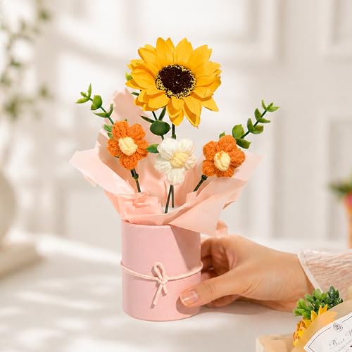 Image of Art Street Handmade Crochet Flower Bouquet with Sunflower | Orange & White Knitted Flowers with Green Leaves, Decorative Pot with Ribbon for Home Decor, Birthday, Anniversary