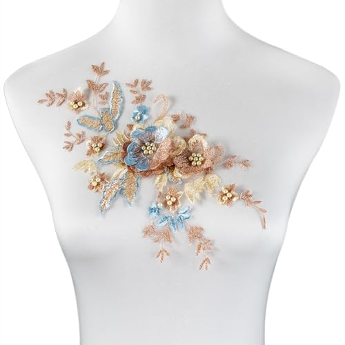 Silvora 2 PCS Flower Fabric Beaded Pearl Lace Applique, 3D Embroidered Patch for Dresses,Handmade Sewing Tool for DIY Neckline Bodice Pants(Gold)
