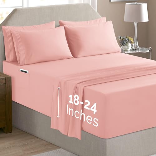 GIGBEI hotel quality bed sheets, extra deep pockets, 18-24 inch depth, wrinkle, container pockets, 6 piece set, cal king, dusty rose, adjustable, lightweight, durable, portable