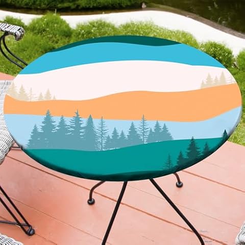 Round Tablecloth Picnic Table Cover, Waterproof Fitted Patio Tablecloth with Elastic Camping Essentials for Indoor, Outdoor(45"-56", Green Orange) Cover