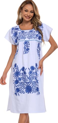 Image of YZXDORWJ Women Mexican Embroidered Long Dress Ruffle Collar Maxi Boho Floral Summer Short Sleeve