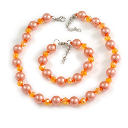 Collar y pulsera de perlas finas en naranja melocotón con cristales Avalaya