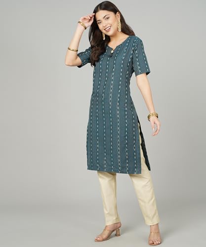Image of Cotton Dobby Woven Design V- Neck Elbow Sleeves Knee Length Kurta for Women's