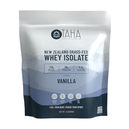 Taha Health & Nutrition Vanilla Whey Protein Isolate Powder, 30g Protein, 7.9g BCAAs, 4.3g Leucine | New Zealand Free-Range, Grass-Fed Dairy | Gluten-Free, Keto, Kosher | 2LB, 25 Servings