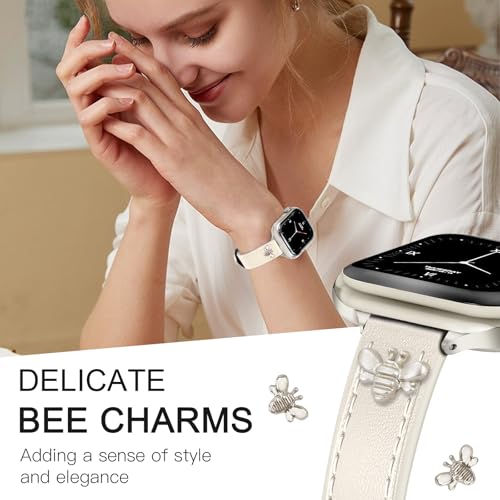 Image of JR.DM Slim Leather Bands Compatible with Apple Watch Band 38mm 40mm 41mm 42mm 44mm 45mm 46mm 49mm, Genuine Leather Band with Charms, Feminine Design for Iwatch Ultra SE Series 11 10 9 8 7 6 5 4 3 2 1